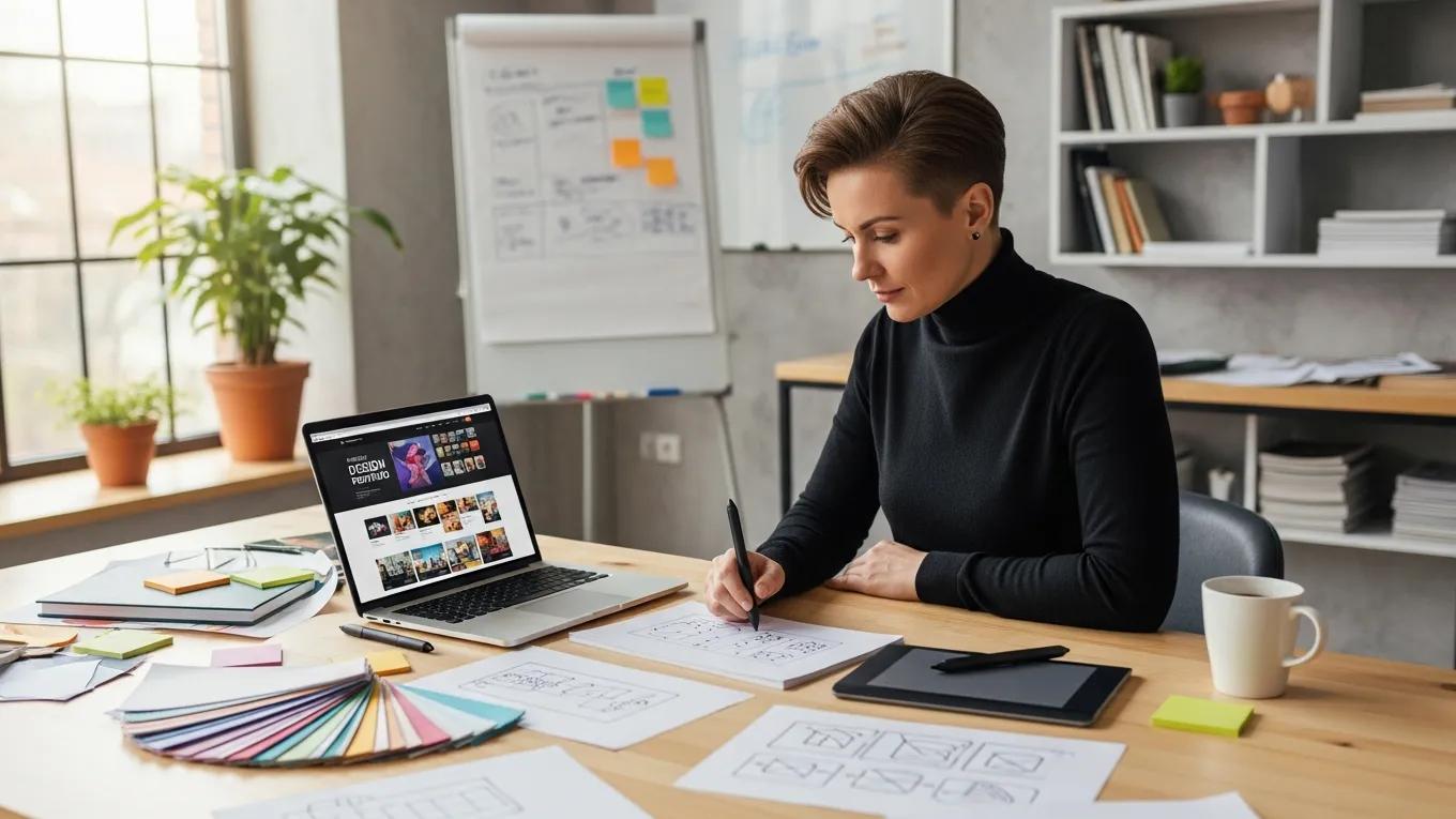 Designer reviewing a portfolio of web design projects in a stylish office