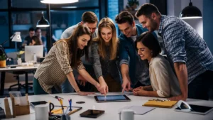 Professional digital marketing team collaborating around a tablet in a modern office workspace with cinematic lighting and creative agency atmosphere.