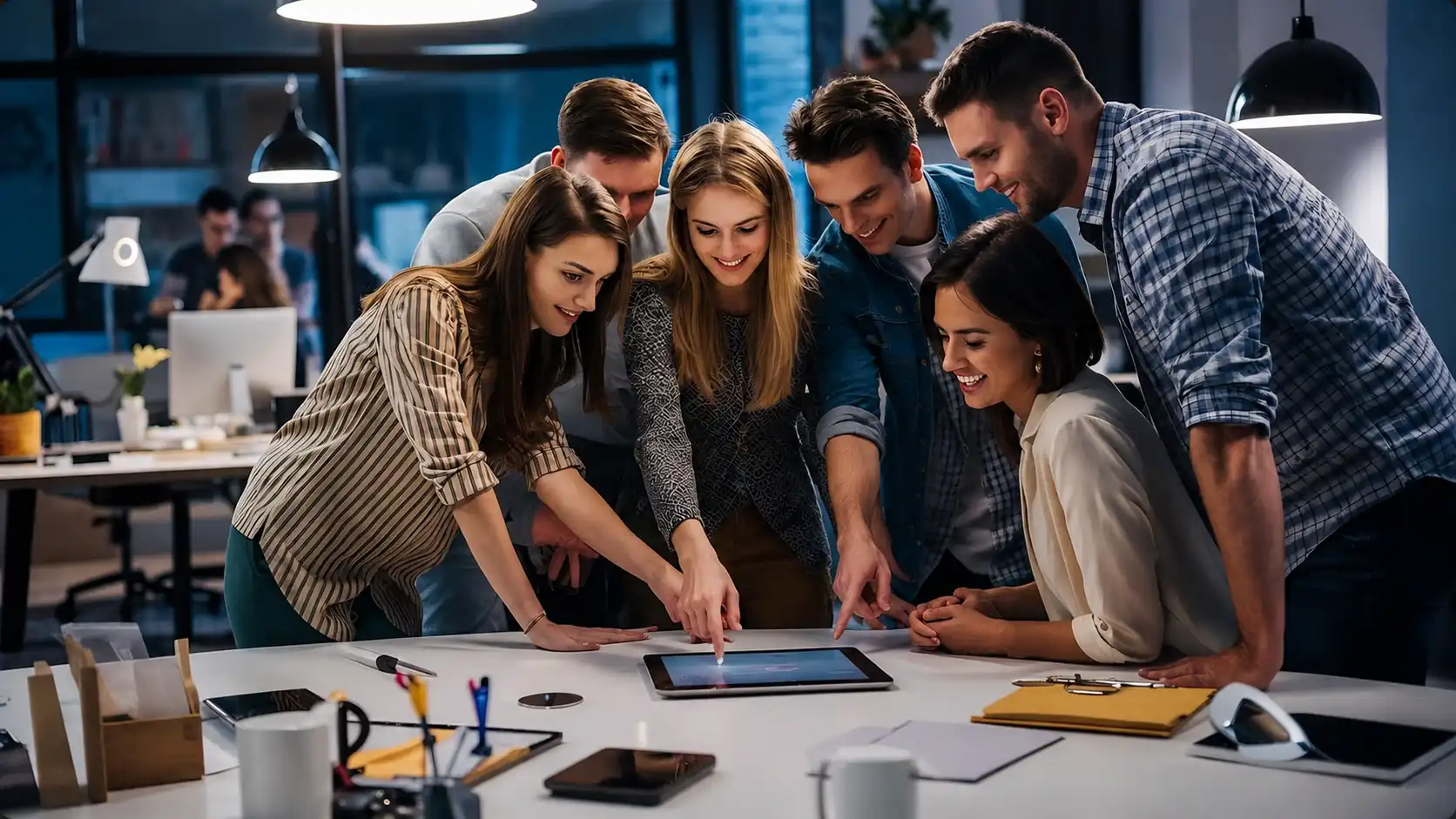Professional digital marketing team collaborating around a tablet in a modern office workspace with cinematic lighting and creative agency atmosphere.
