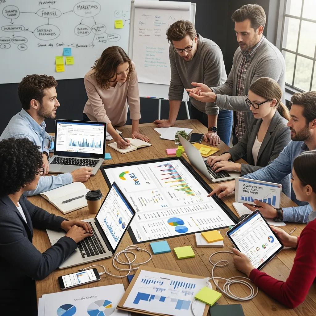 Marketing team collaborating on Google Ads optimization strategies in a creative office setting