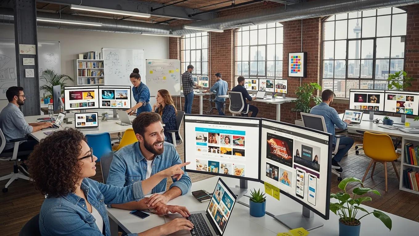 Modern web design agency workspace in Toronto with a diverse team collaborating