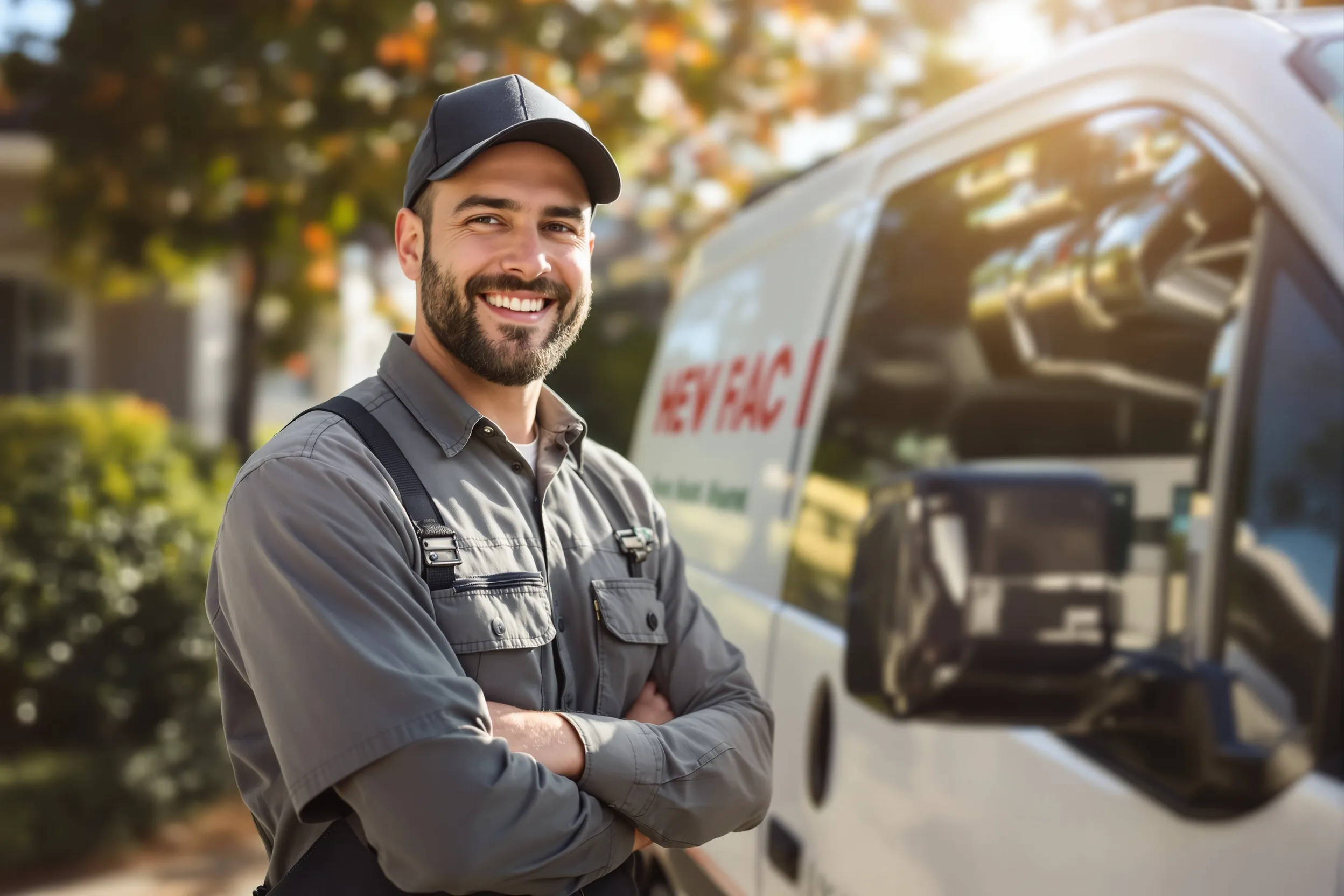 Tradesperson smiling and standing next to a work van, reviving revenue for HVAC and plumbing businesses.