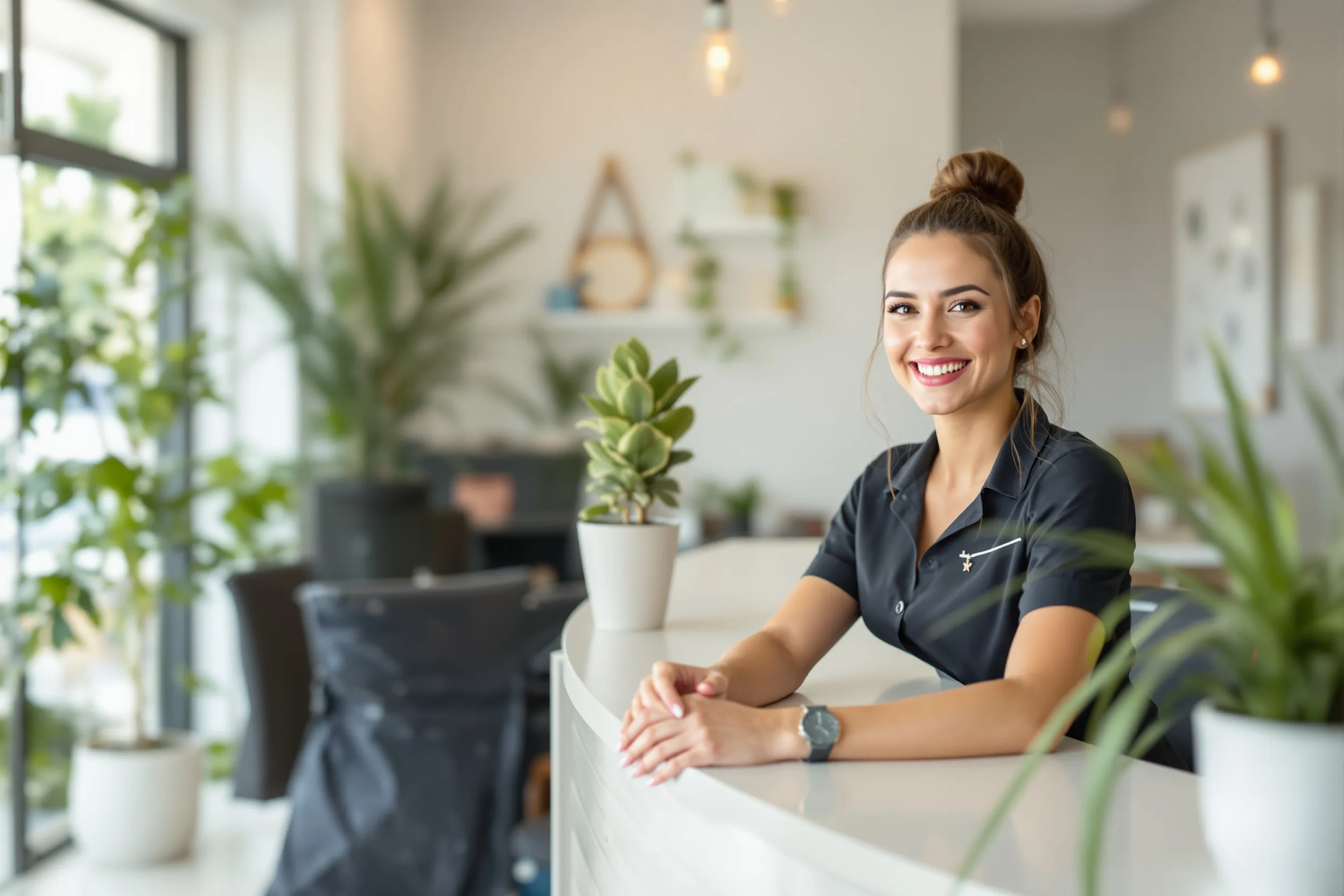 Woman smiling at reception desk, illustrating client reactivation and revenue revival strategies.