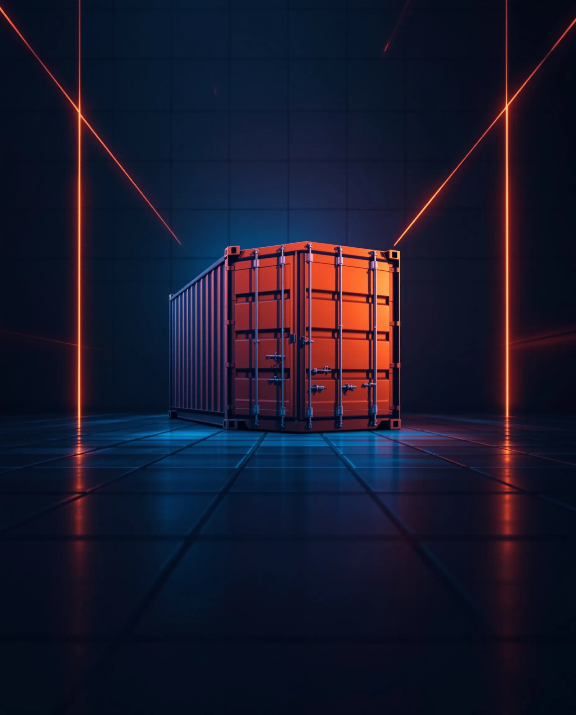 Shipping container illuminated with red laser lines, representing digital marketing performance data.