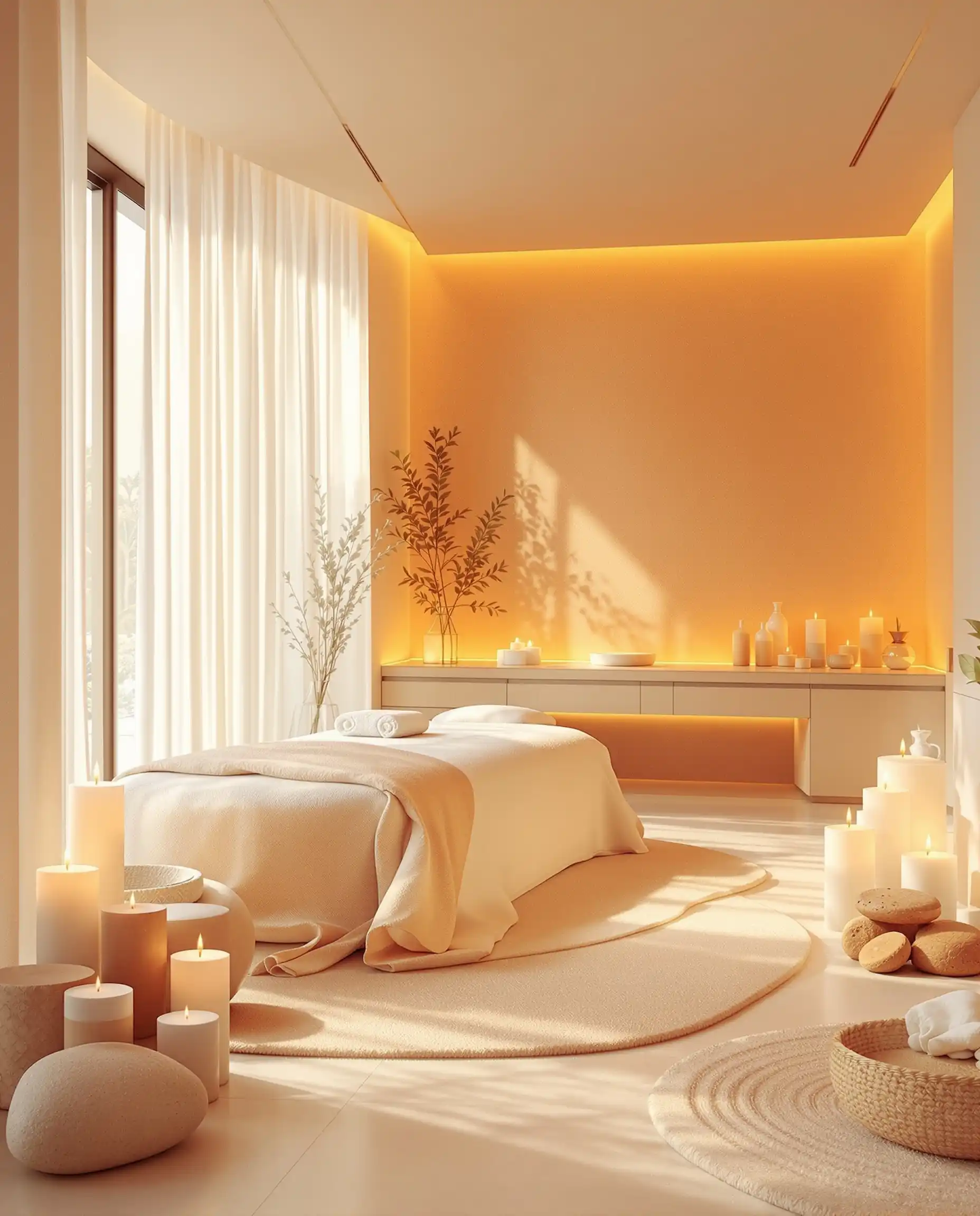 Relaxing massage room interior with candles and linens, representing Golden Thai Massage's wellness services.