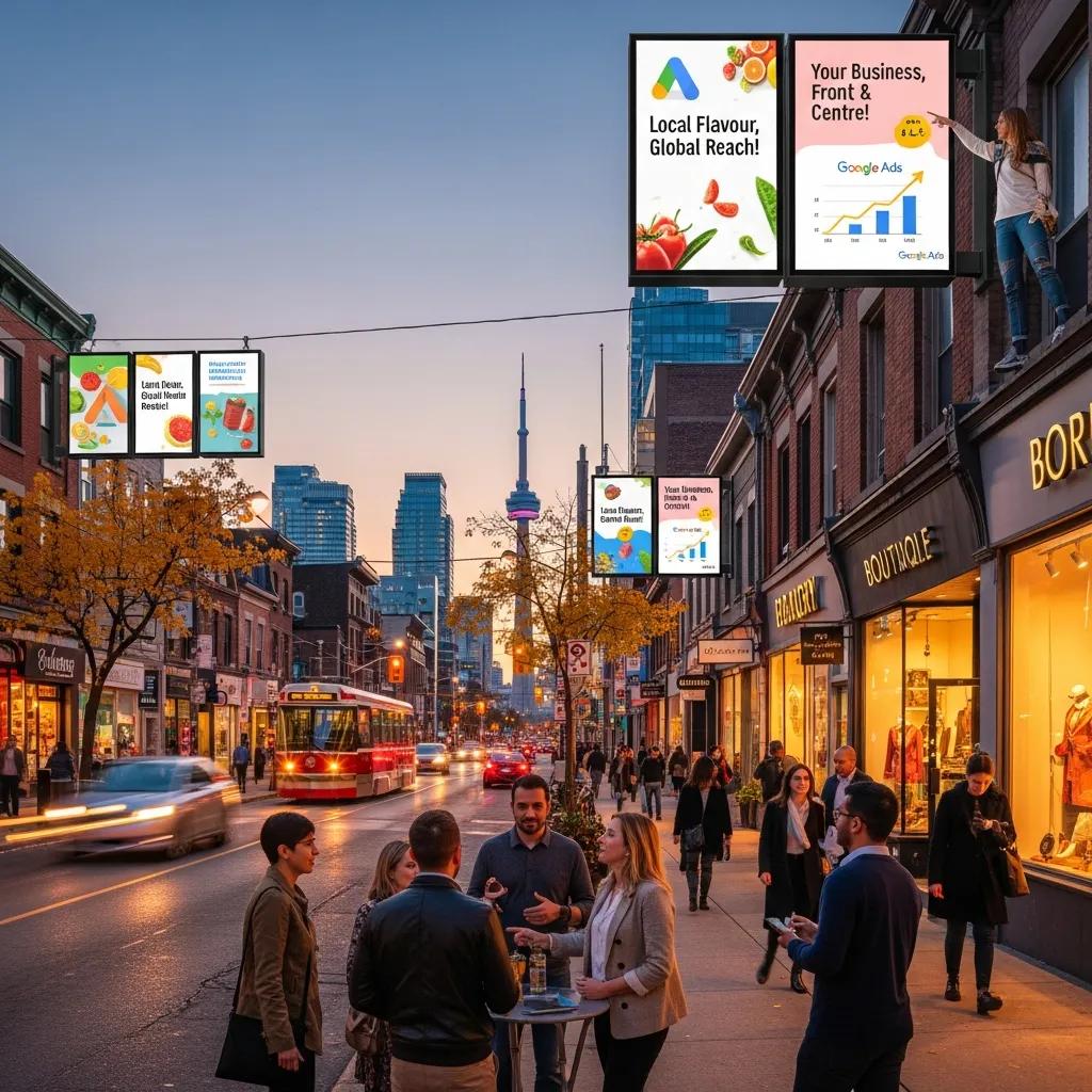 Toronto street scene highlighting local businesses and digital advertising, emphasizing Google Ads impact