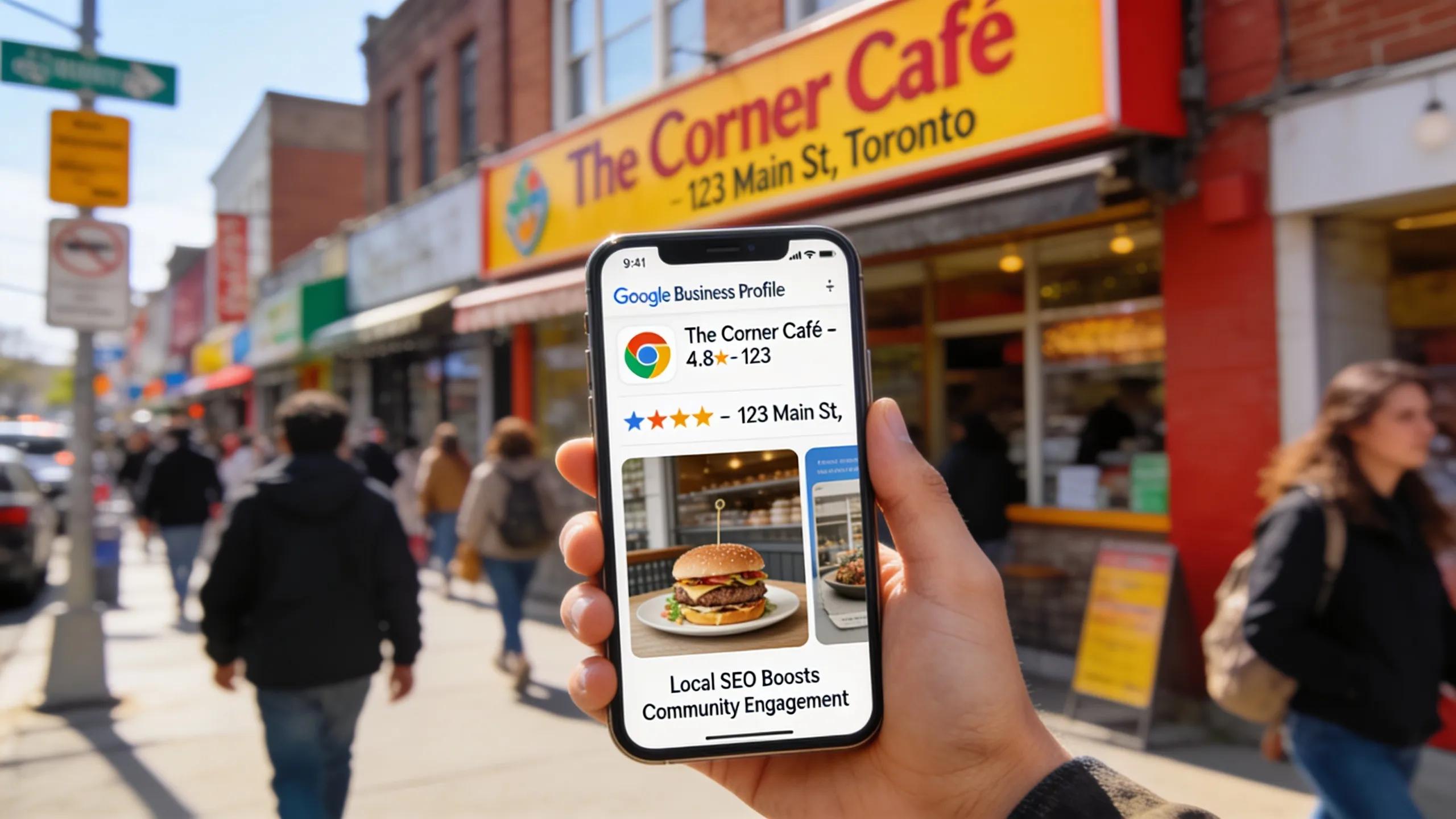 The Corner Café Toronto Google Business Profile on smartphone showcasing local SEO and community engagement.