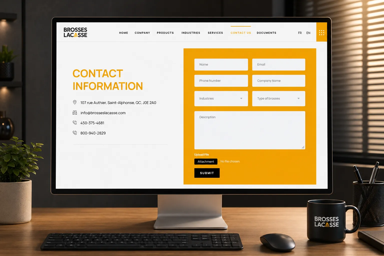 Brosses Lacasse website redesign showcasing contact form and industrial brush manufacturer branding.
