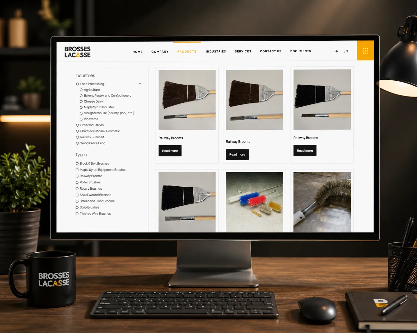 Brosses Lacasse website redesign showcasing industrial brushes and services on a computer screen.