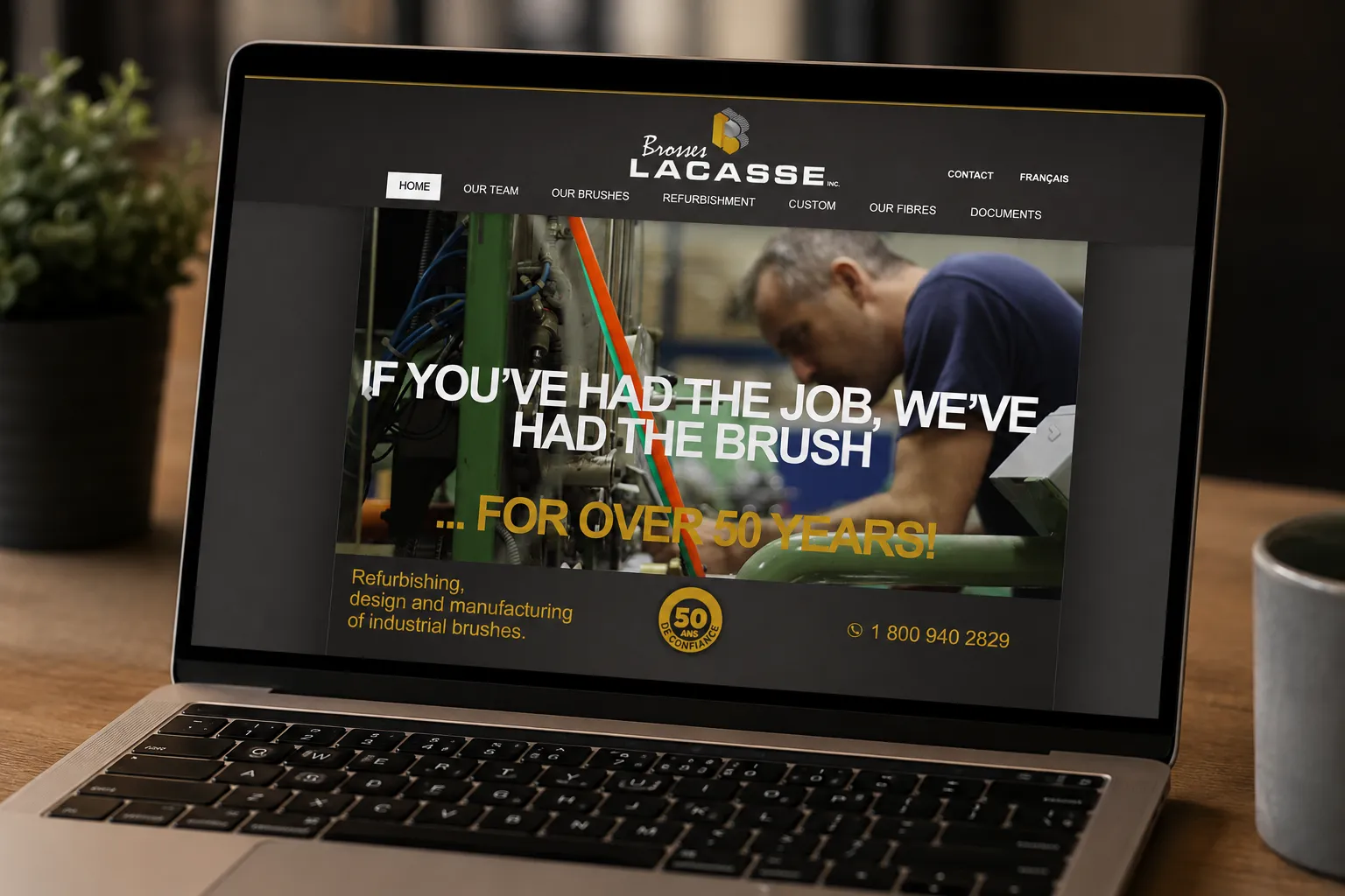Brosses Lacasse website redesign on laptop showcasing industrial brushes and brand messaging