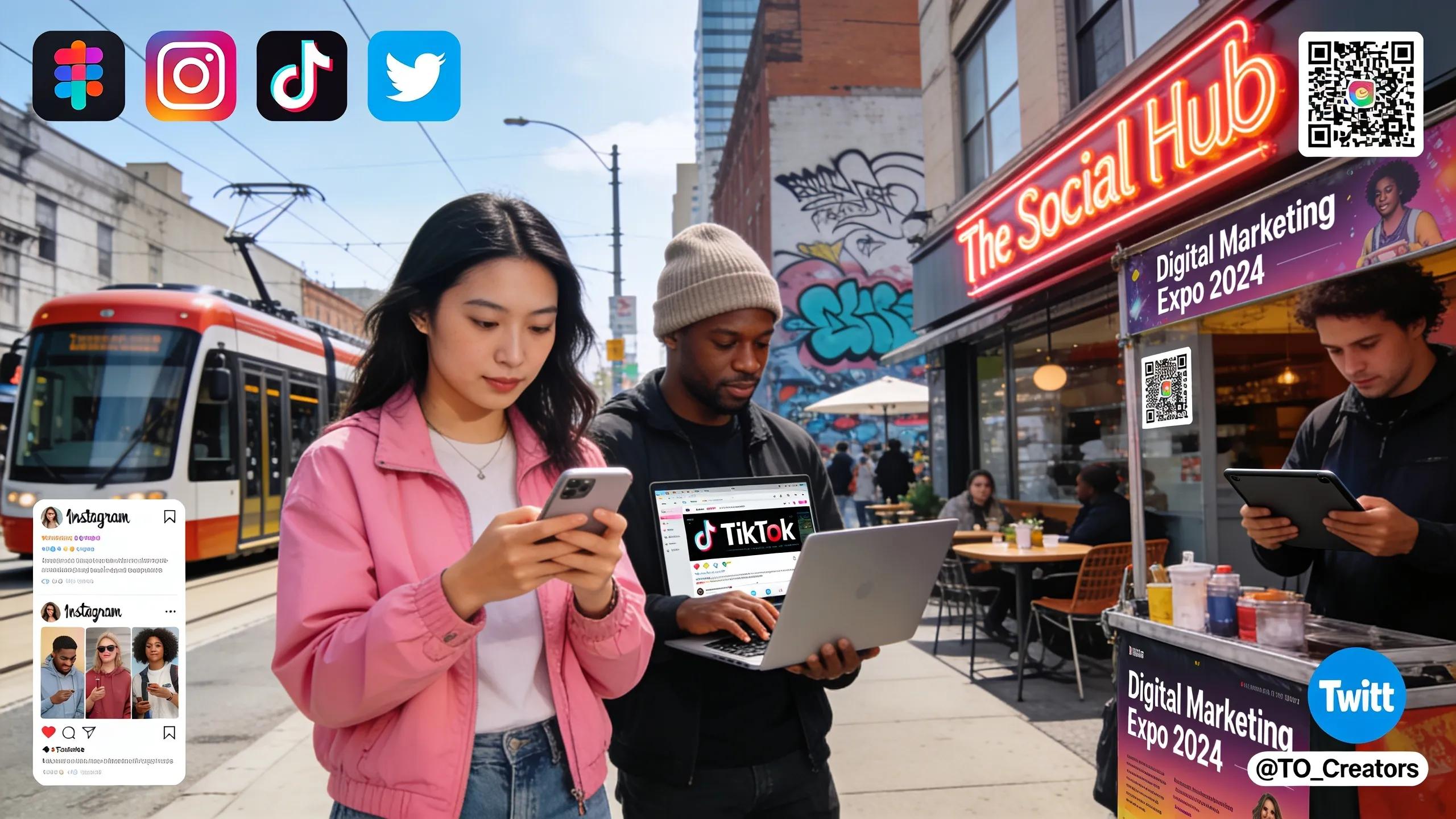 Toronto street scene depicting people engaging with social media on devices