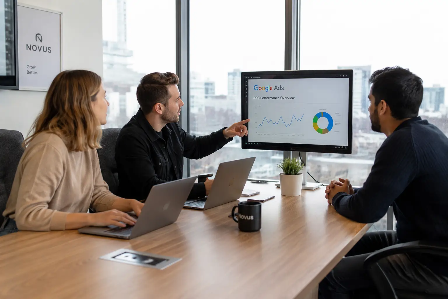 Three marketing professionals discussing Google Ads PPC campaign performance in a modern Canadian office. Team members review analytics and advertising metrics on a presentation screen during a collaborative digital marketing strategy meeting.