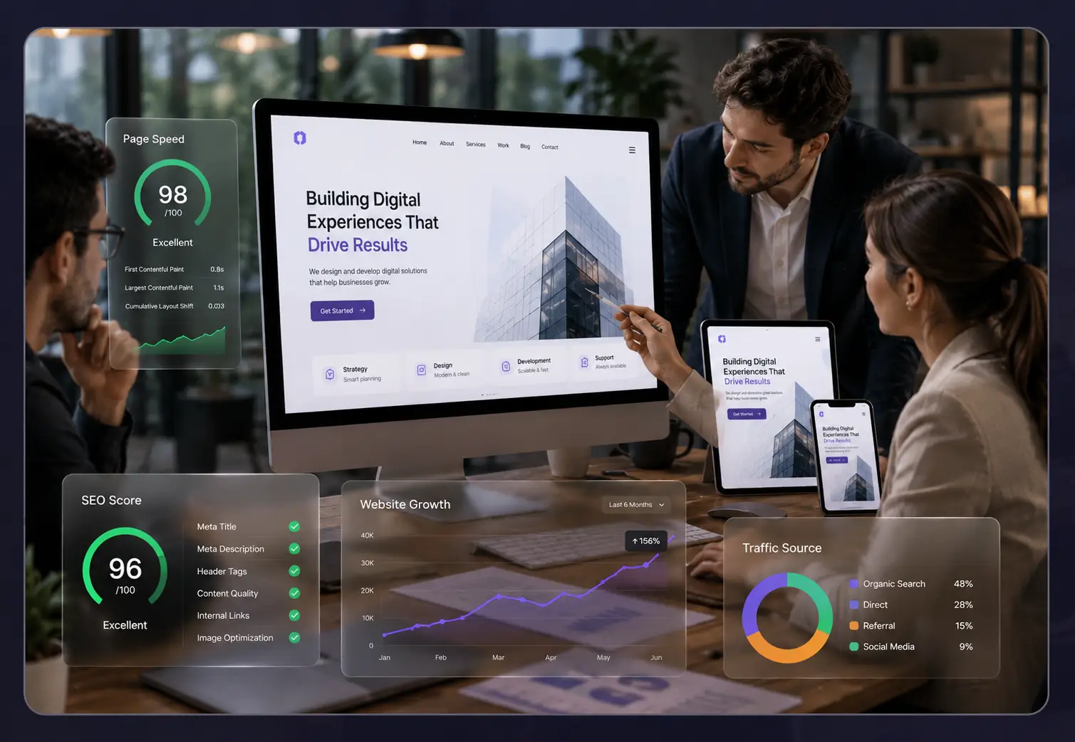 Team of digital professionals collaborating in a modern office around a desktop website mockup with responsive tablet and mobile views. Transparent glass-effect analytics panels display page speed, SEO score, website growth charts, and traffic insights, highlighting web design, SEO optimization, and business growth strategies.