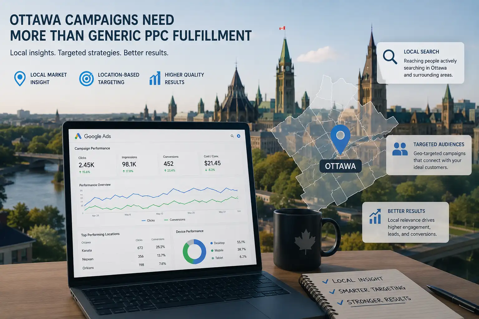 Digital marketing analytics dashboard displaying Ottawa-focused PPC campaign data, local audience targeting insights, and Google Ads performance metrics for businesses in the Ottawa region.