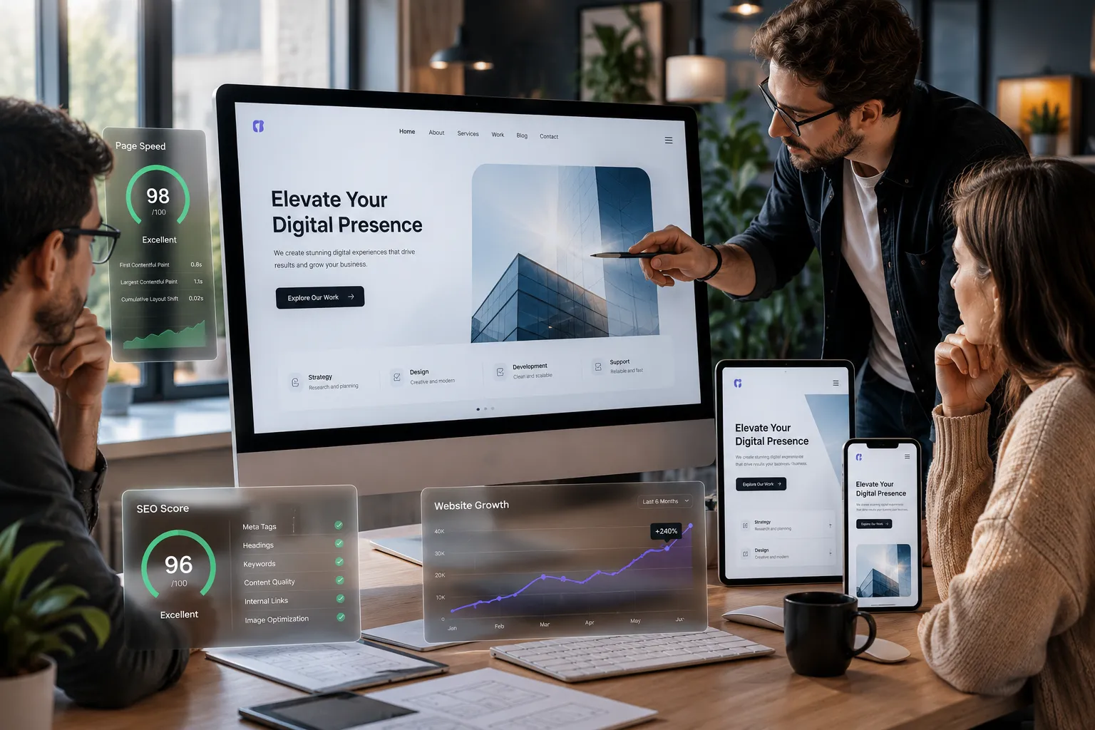 Creative agency team reviews a modern website mockup on desktop, tablet, and mobile screens with glass-style performance panels showing page speed, SEO score, and website growth metrics.