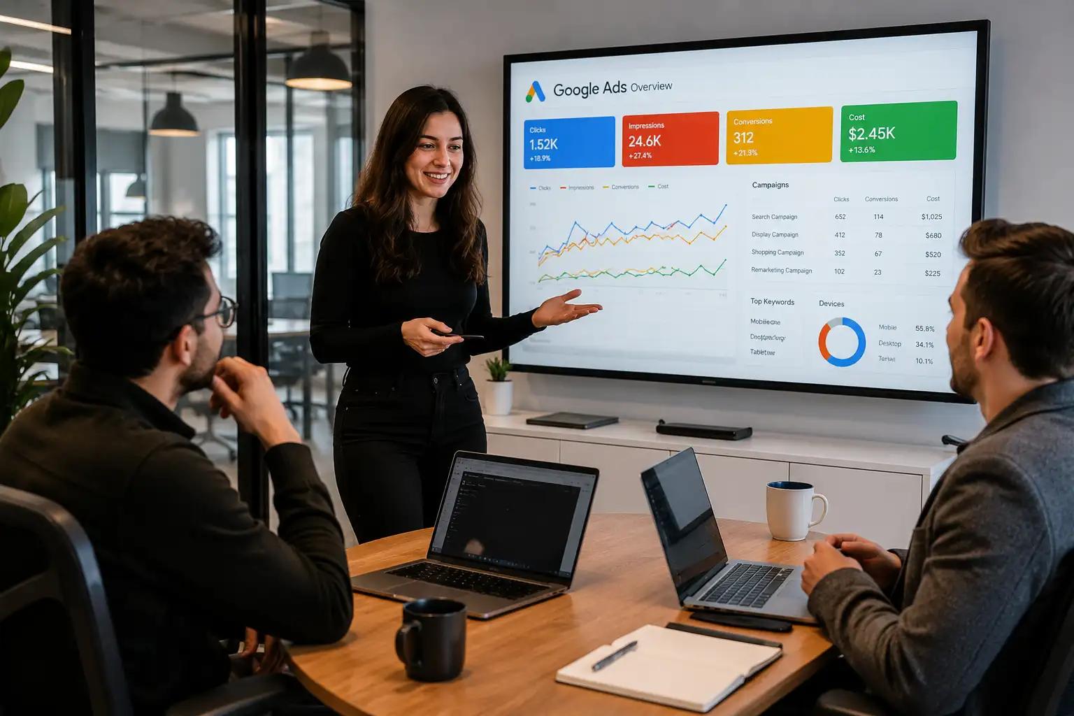 Smiling marketing professional presenting Google Ads and PPC campaign strategies to two business professionals during a collaborative meeting in a modern Canadian office.