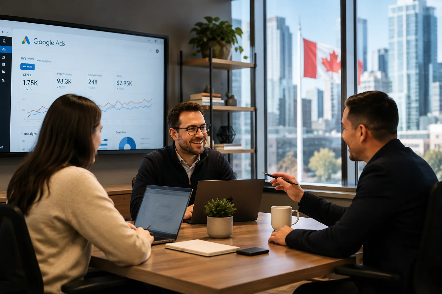 Marketing professionals discussing Google Ads campaign strategy in a modern Canadian office, supporting white-label PPC services and agency growth.