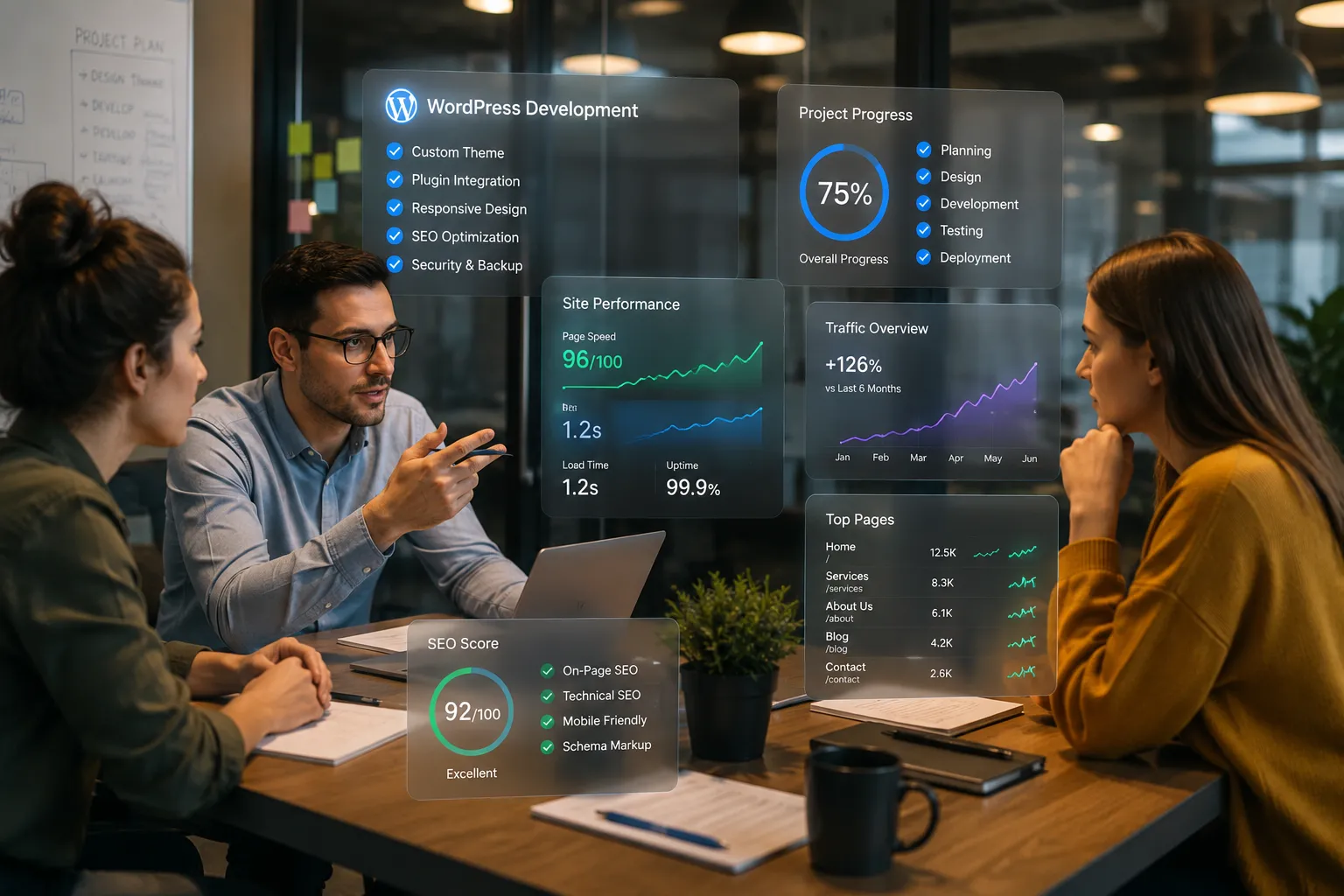 Three professionals discuss a WordPress website project in a modern office with glass-effect dashboards showing project progress, page speed, SEO score, traffic growth, and site performance metrics.