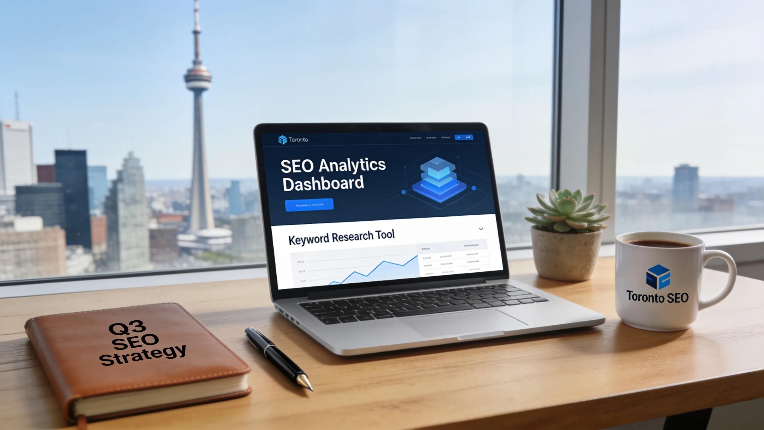 SEO analytics dashboard displaying keyword research tools and Toronto skyline view.