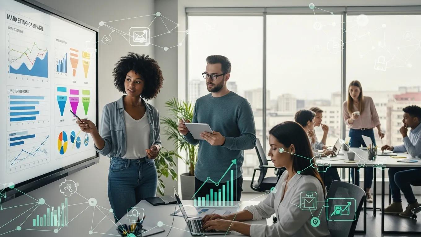 Diverse professionals collaborating in a modern office, symbolizing marketing automation and lead generation