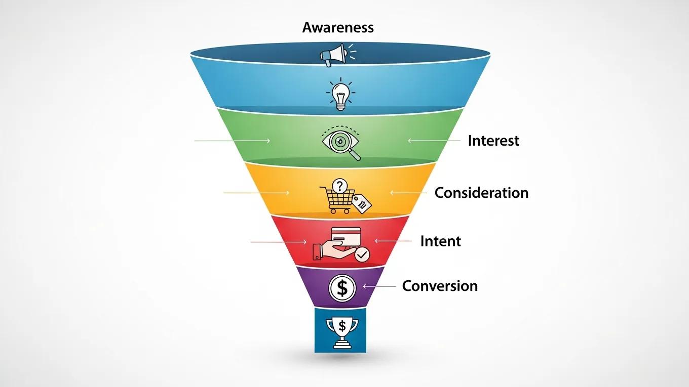 Structured sales funnel illustration depicting marketing strategies and stages: awareness, interest, consideration, intent, and conversion.