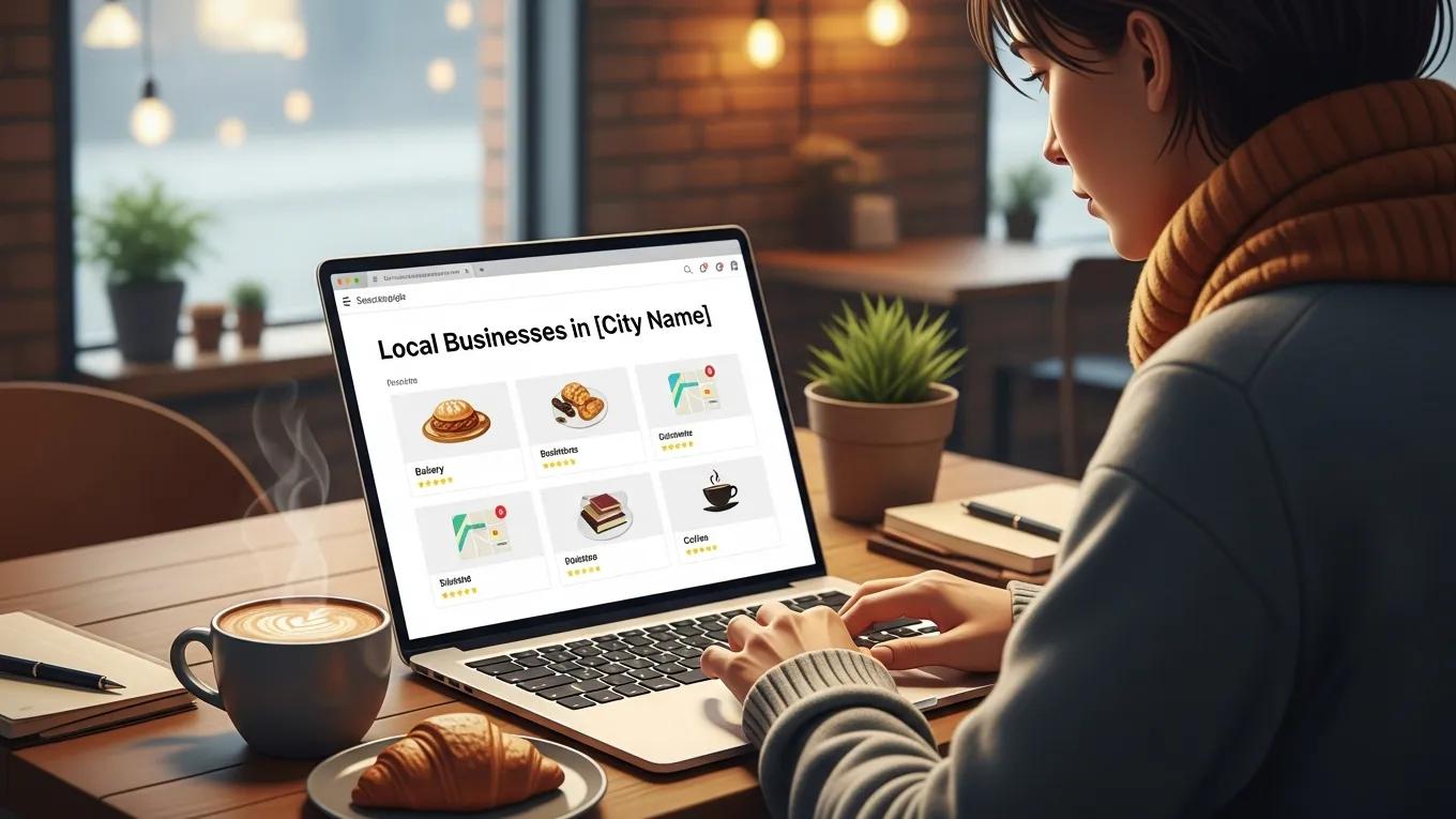 Person researching local keywords in a café, highlighting local SEO strategies