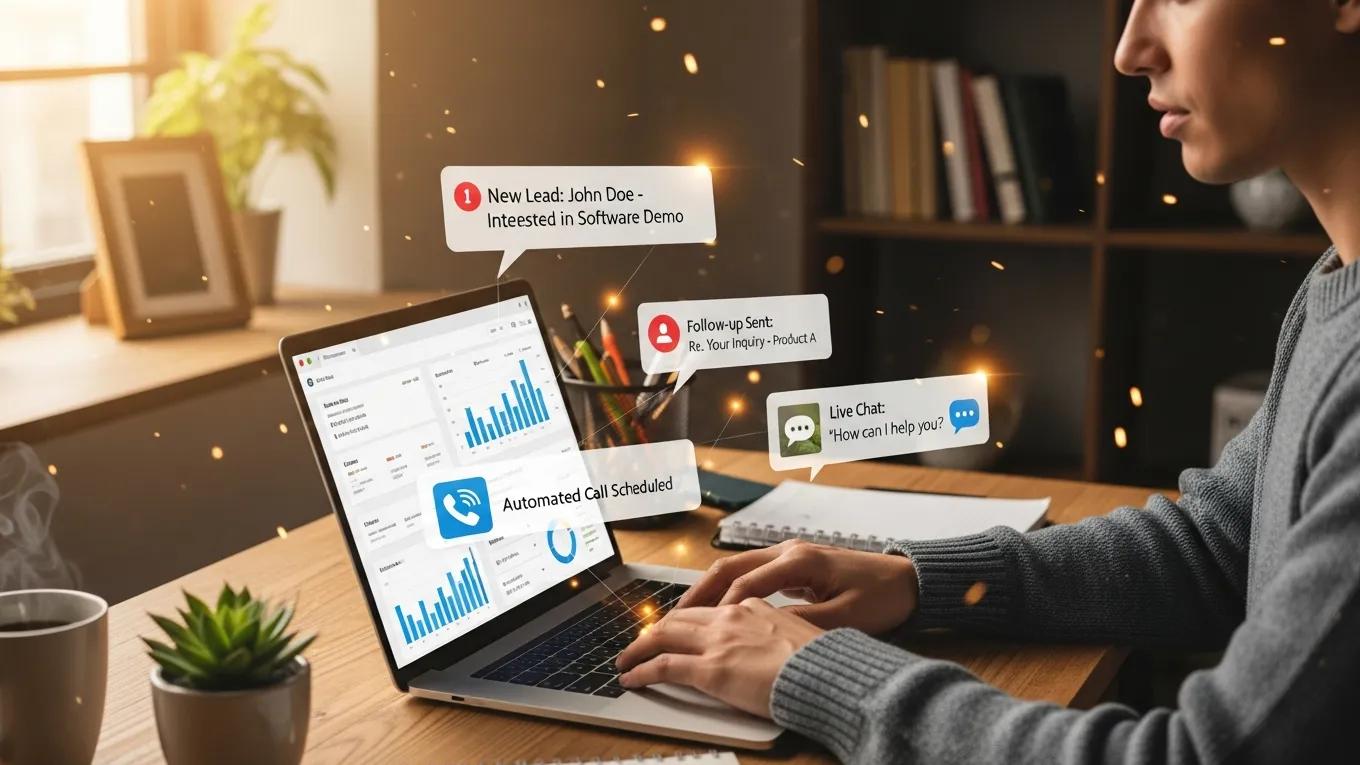 Person using laptop in cozy workspace illustrating Go High Level marketing automation and lead generation techniques.