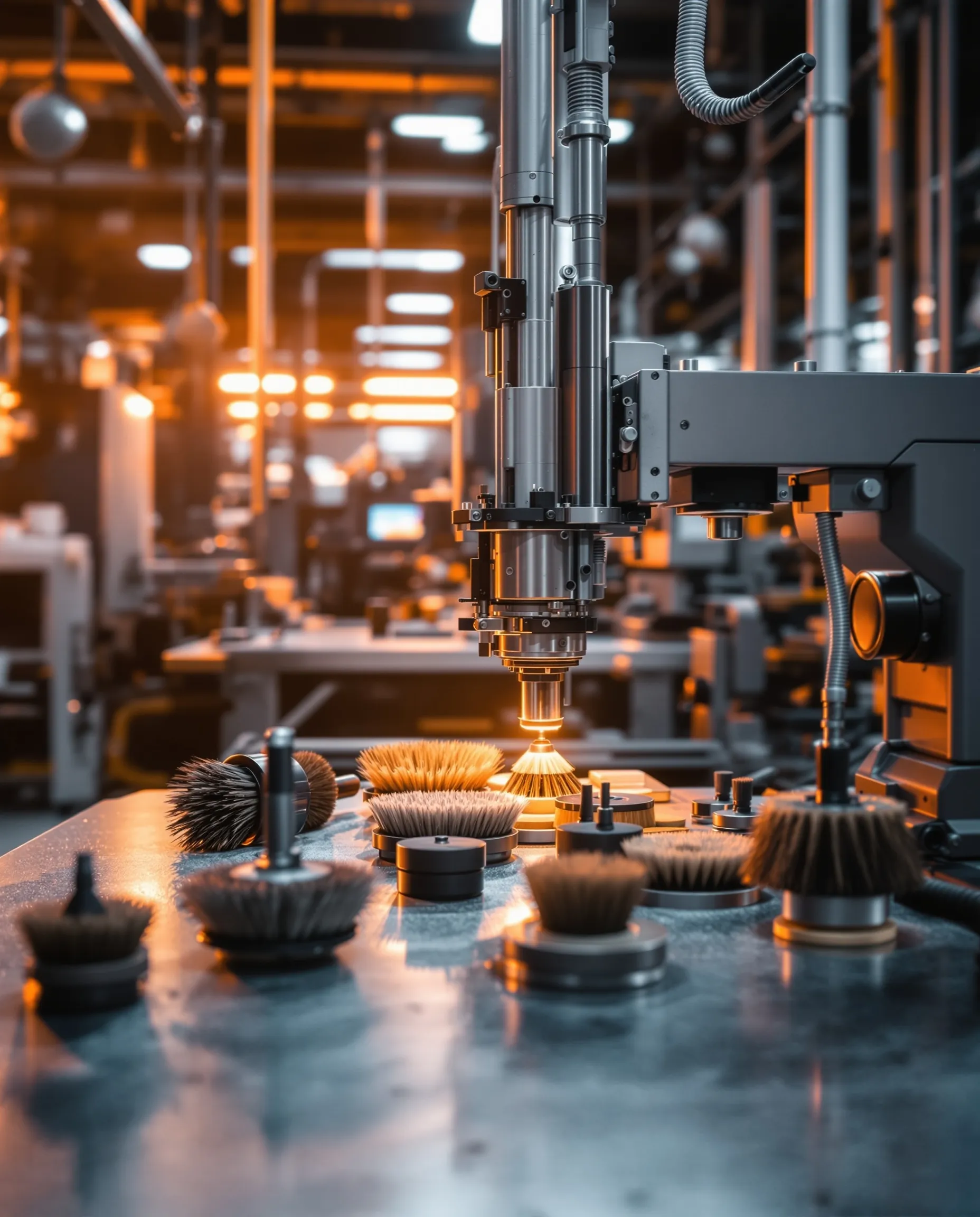 Industrial brush manufacturing equipment and finished brushes in a Brosses Lacasse factory.