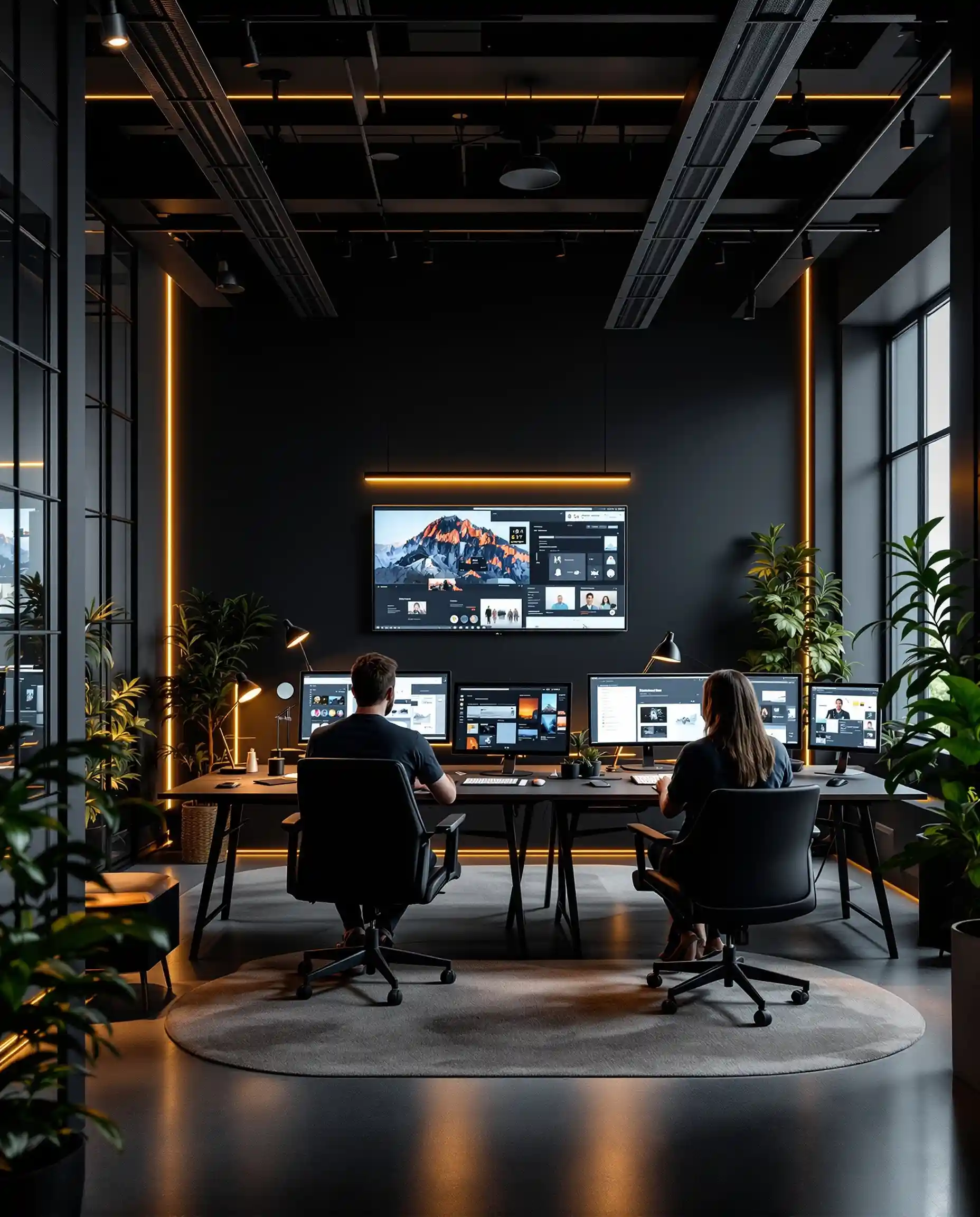 Modern office space with digital displays and team collaboration for strategic innovation.