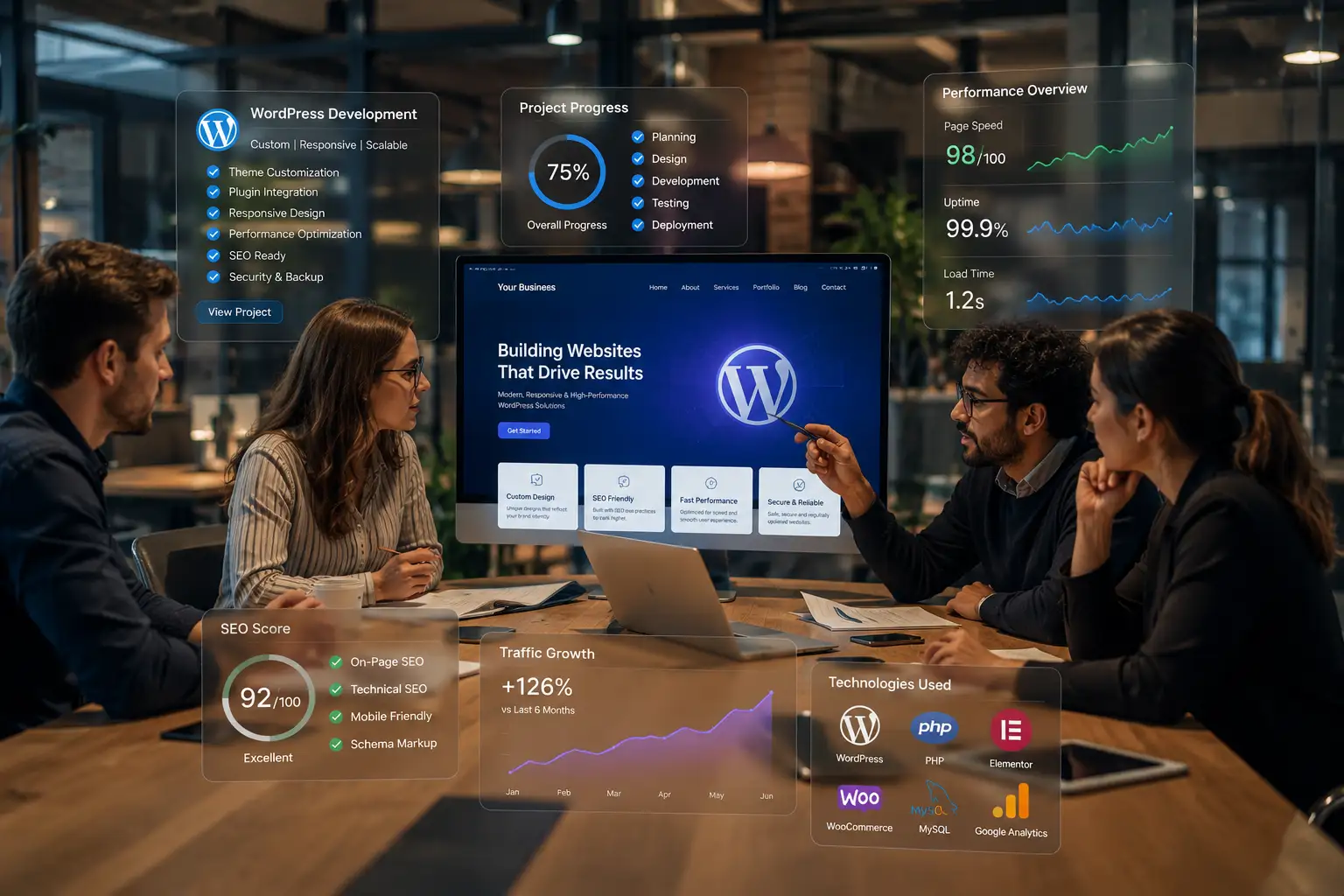 Professional office team discussing a WordPress website development project around a conference table with glass-effect analytics dashboards displaying SEO score, page speed, website traffic growth, performance metrics, and development progress in a modern corporate workspace.