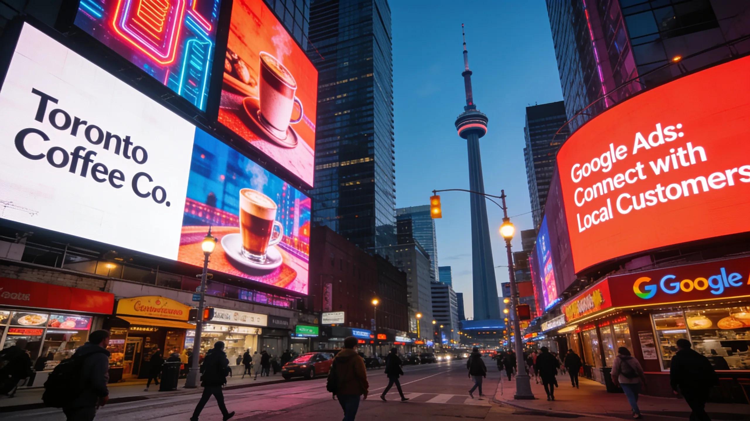 Toronto cityscape with digital ads highlighting local businesses, conveying the essence of Google Ads management