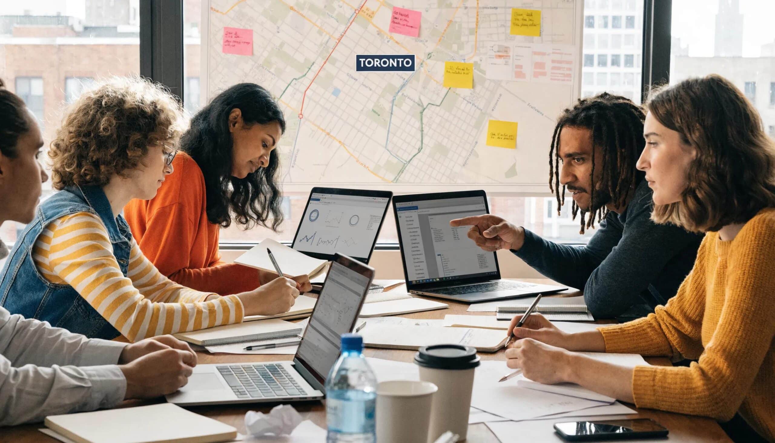 Business team collaborating on local keyword research with a Toronto map, emphasizing community-focused marketing strategies