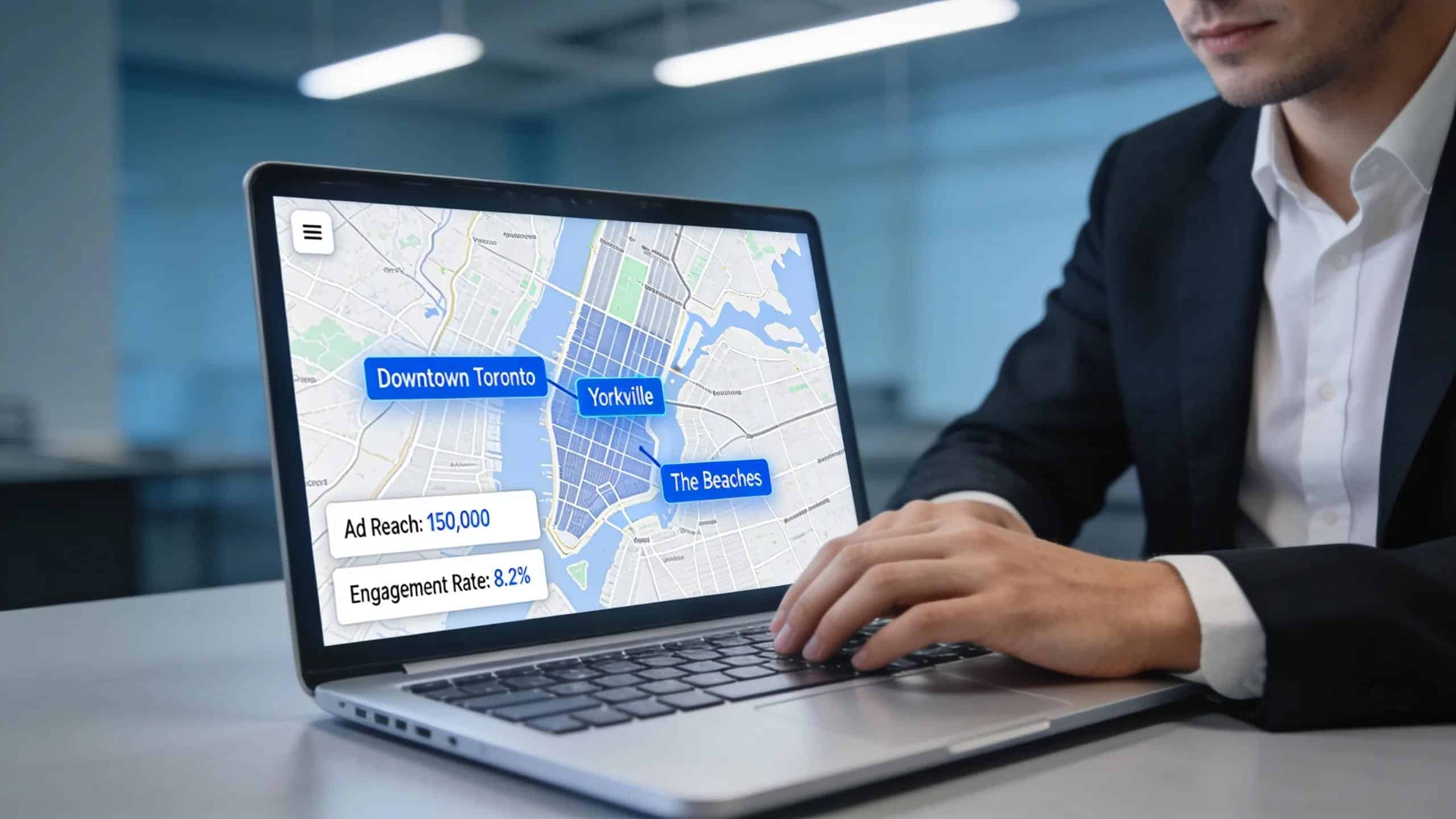 Marketing professional working on geo-targeting strategies for Toronto neighborhoods, illustrating effective ad placement
