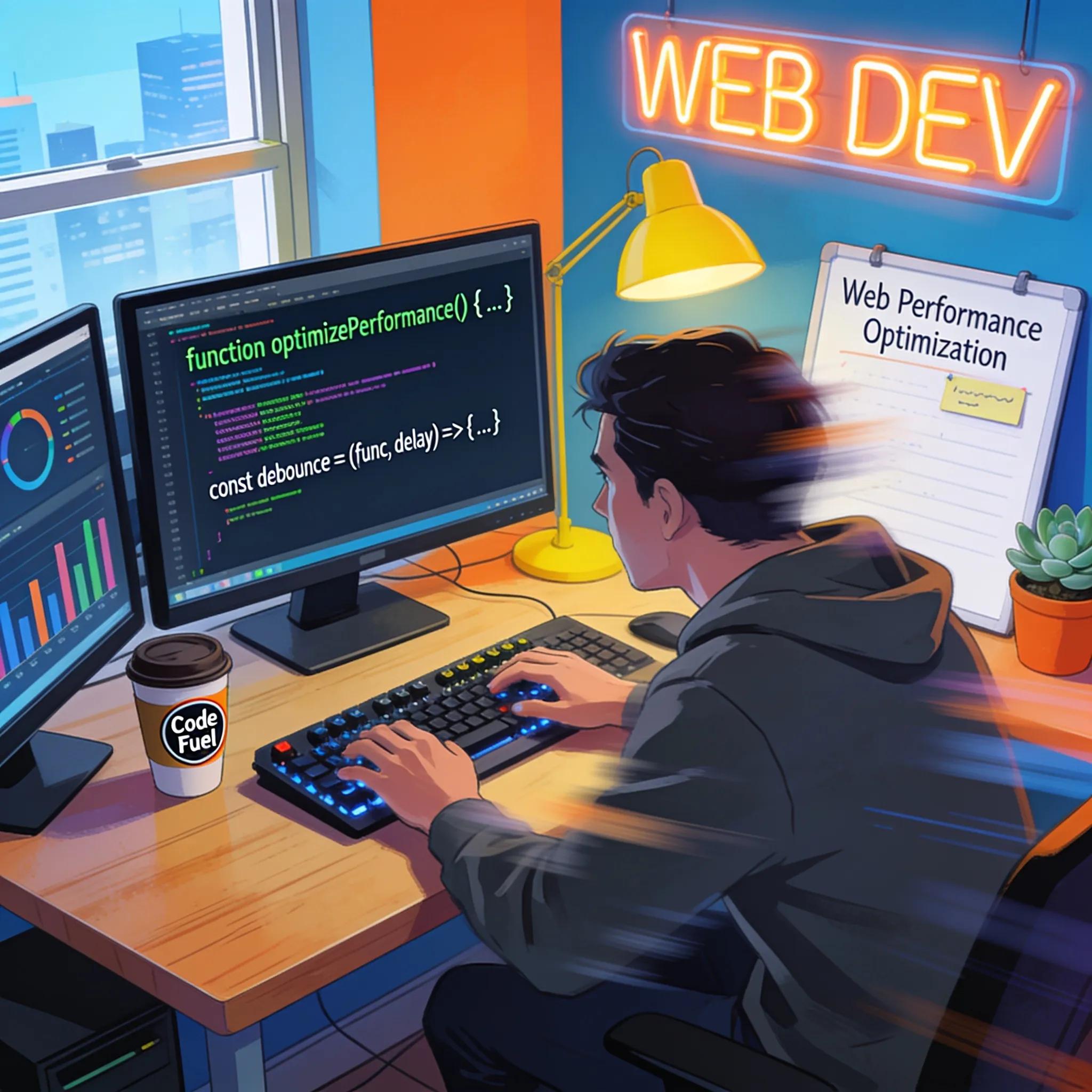 Web developer optimizing website performance with code and JavaScript functions.