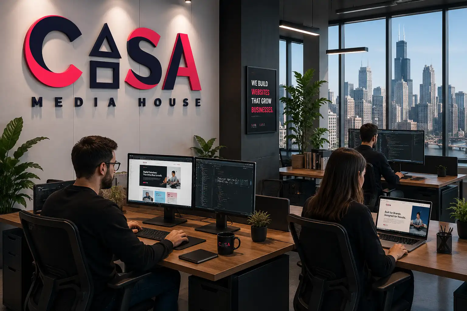 Casa Media House Chicago WordPress development team office with city view and computer workstations.