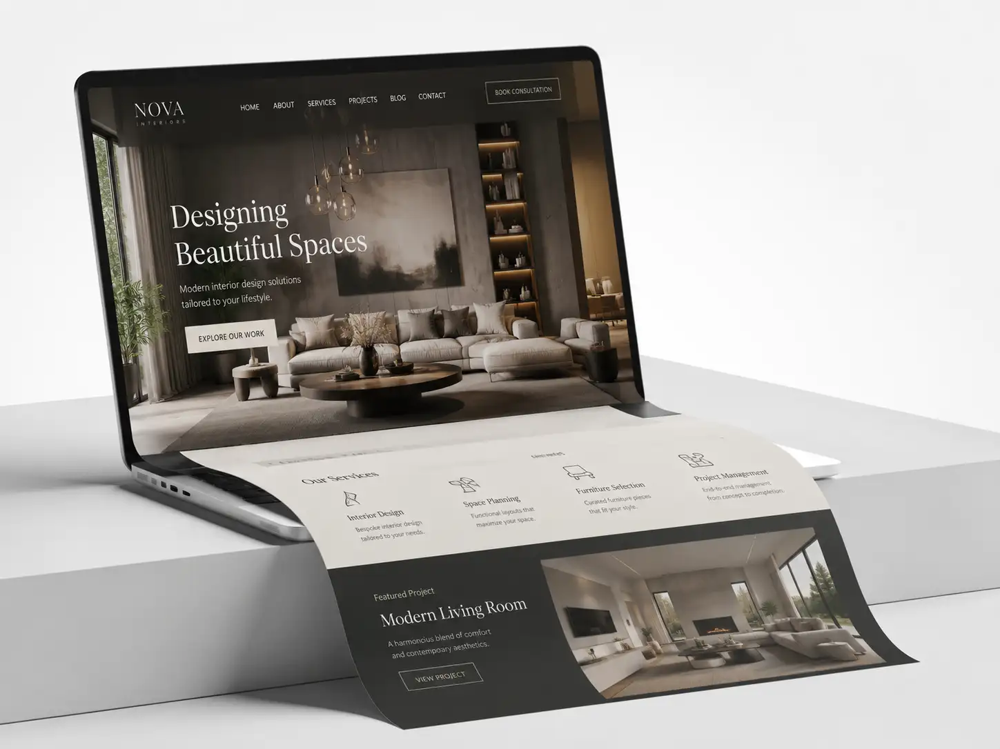 Premium 3D website mockup displayed on a modern laptop with the webpage flowing seamlessly onto the surface below. The clean product presentation highlights contemporary web design, responsive layouts, UI/UX creativity, and professional website development in a minimalist studio setting.