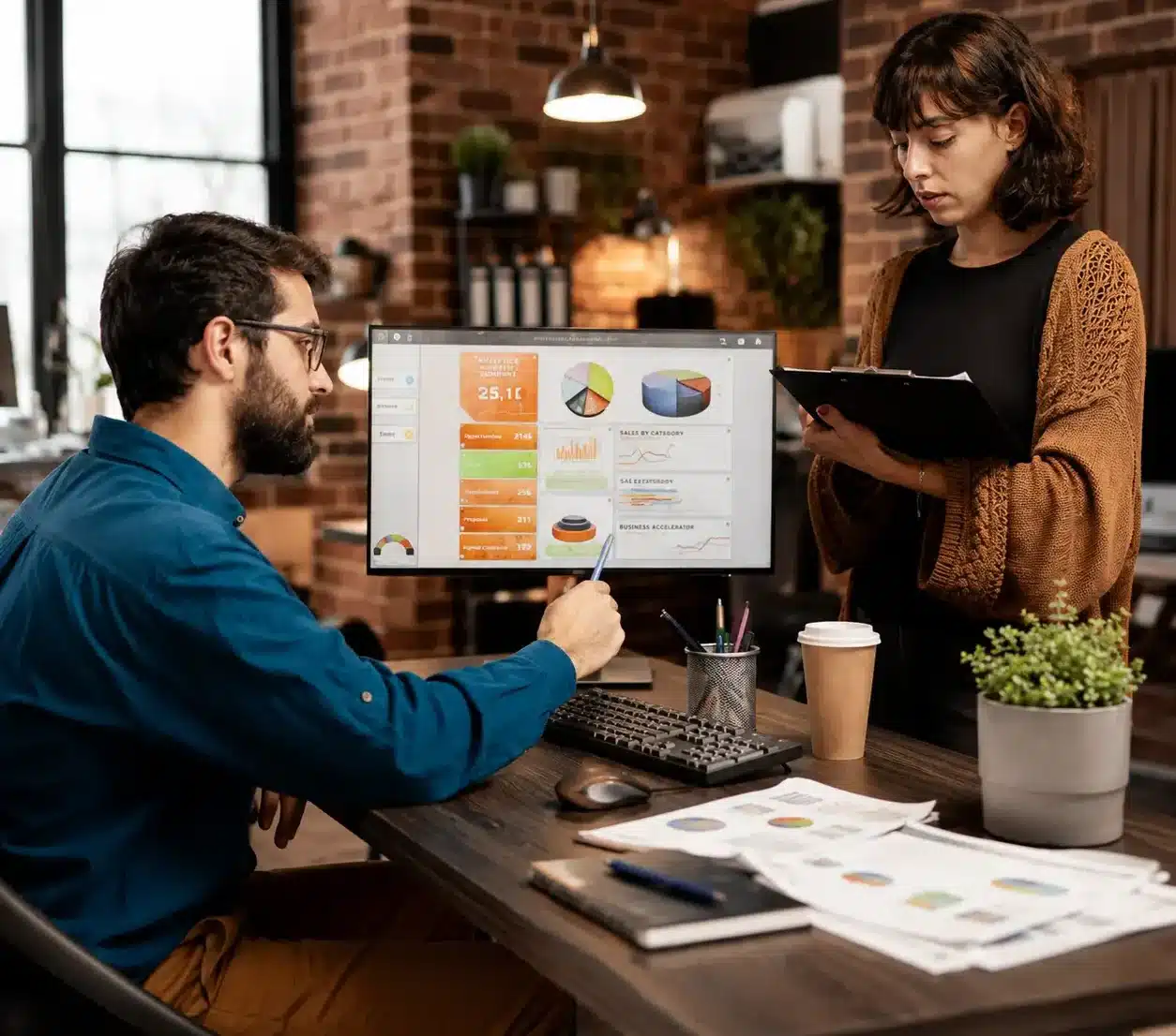 Two digital marketing professionals reviewing website analytics and performance metrics on a desktop monitor in a modern industrial-style office. The team collaborates on SEO, marketing strategy, and business growth using reports and dashboards in a bright, professional workspace.