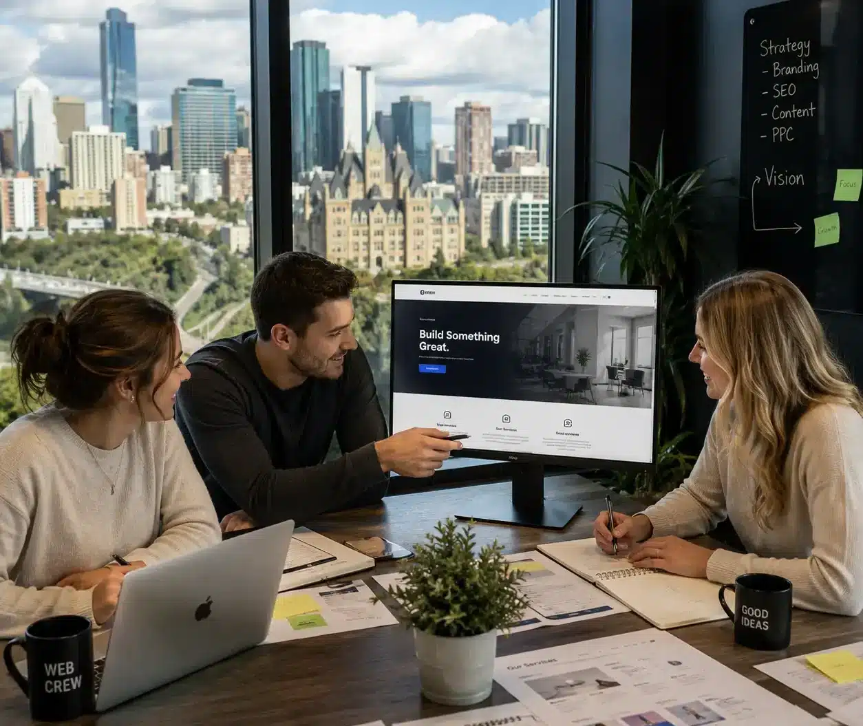 Two Canadian women and one man collaborate during a web development strategy meeting in a modern office overlooking the Edmonton skyline through floor-to-ceiling windows. The team reviews website designs, UX planning, and digital marketing concepts in a bright, professional workspace.