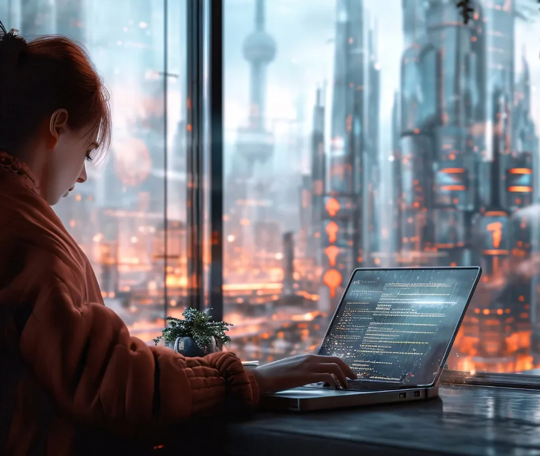 Software developer coding on laptop in futuristic smart city workspace, illustrating WordPress development and SEO-ready foundations.