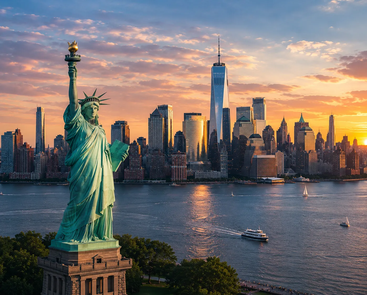Statue of Liberty and New York City skyline at sunset, representing New York business growth.