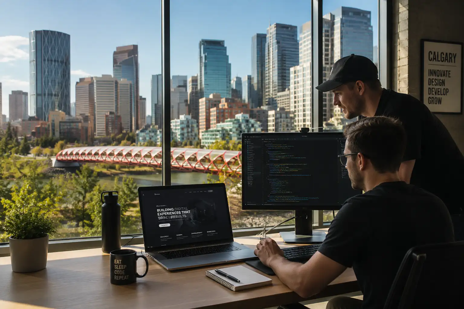 Modern web development team collaborating in a bright office overlooking the Calgary skyline and Peace Bridge. Developers review website design, coding, and digital projects on multiple screens in a contemporary workspace that reflects innovation, collaboration, and professional web development.