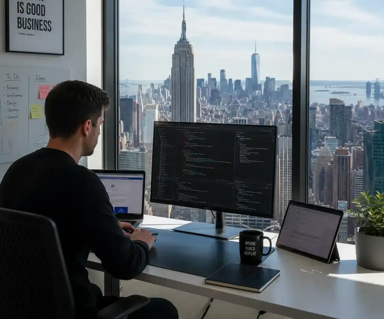 Modern web developer working in a high-rise office overlooking the New York City skyline, with multiple monitors displaying website development, coding, and digital projects. Bright contemporary workspace featuring panoramic views of Manhattan and a professional web development environment.