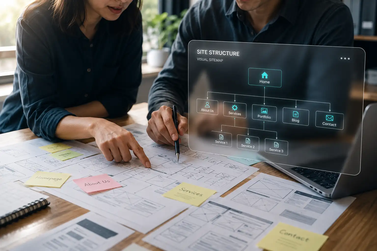 Two web design professionals collaborate over printed website wireframes and sticky notes while reviewing a sitemap sketch beside an open laptop. A floating glassmorphism interface displays a connected site structure diagram, representing UX planning, website architecture, and modern web development strategy.