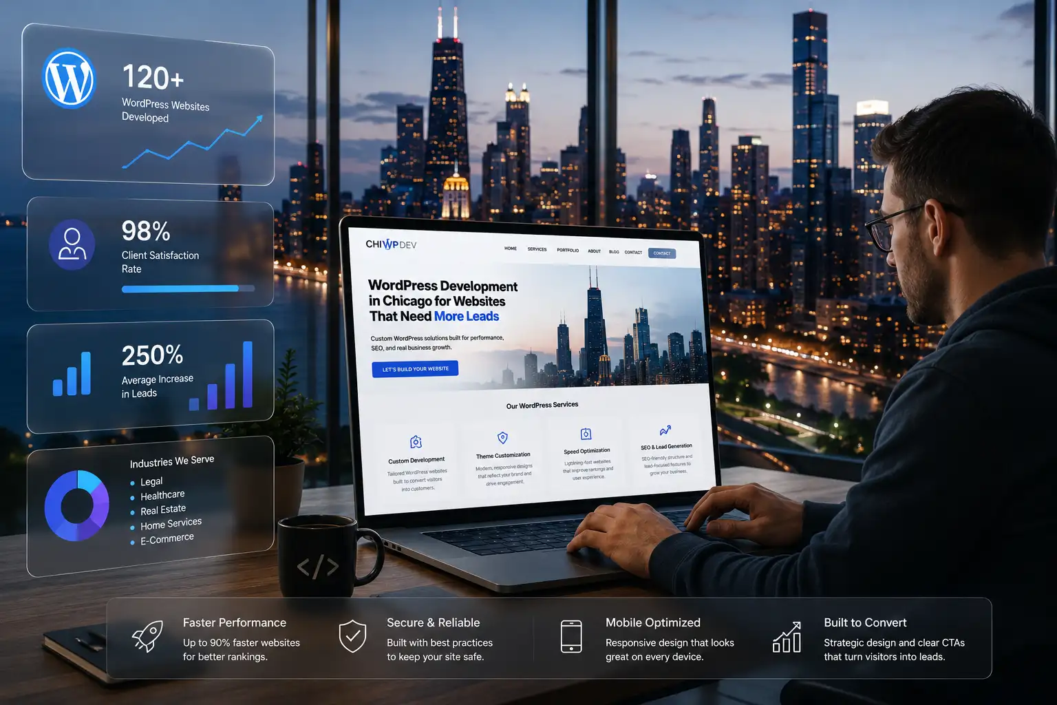WordPress website development in Chicago on laptop with city skyline view and performance metrics.