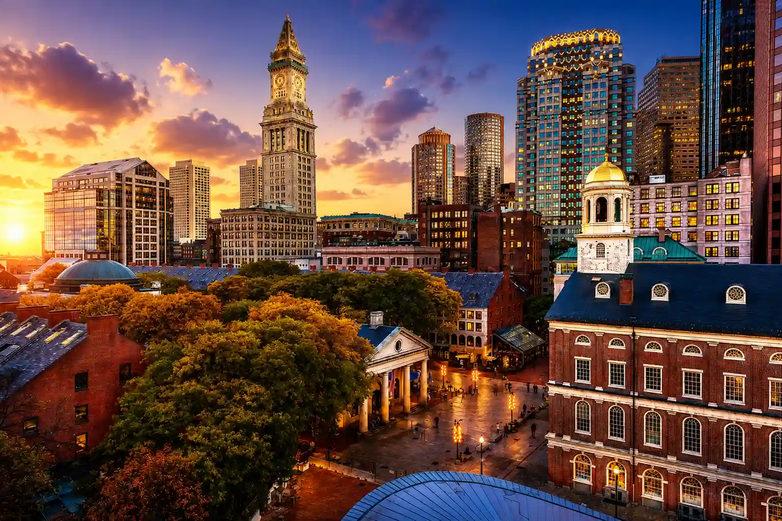 Boston historic downtown skyline at sunset, representing Facebook marketing for Boston businesses.