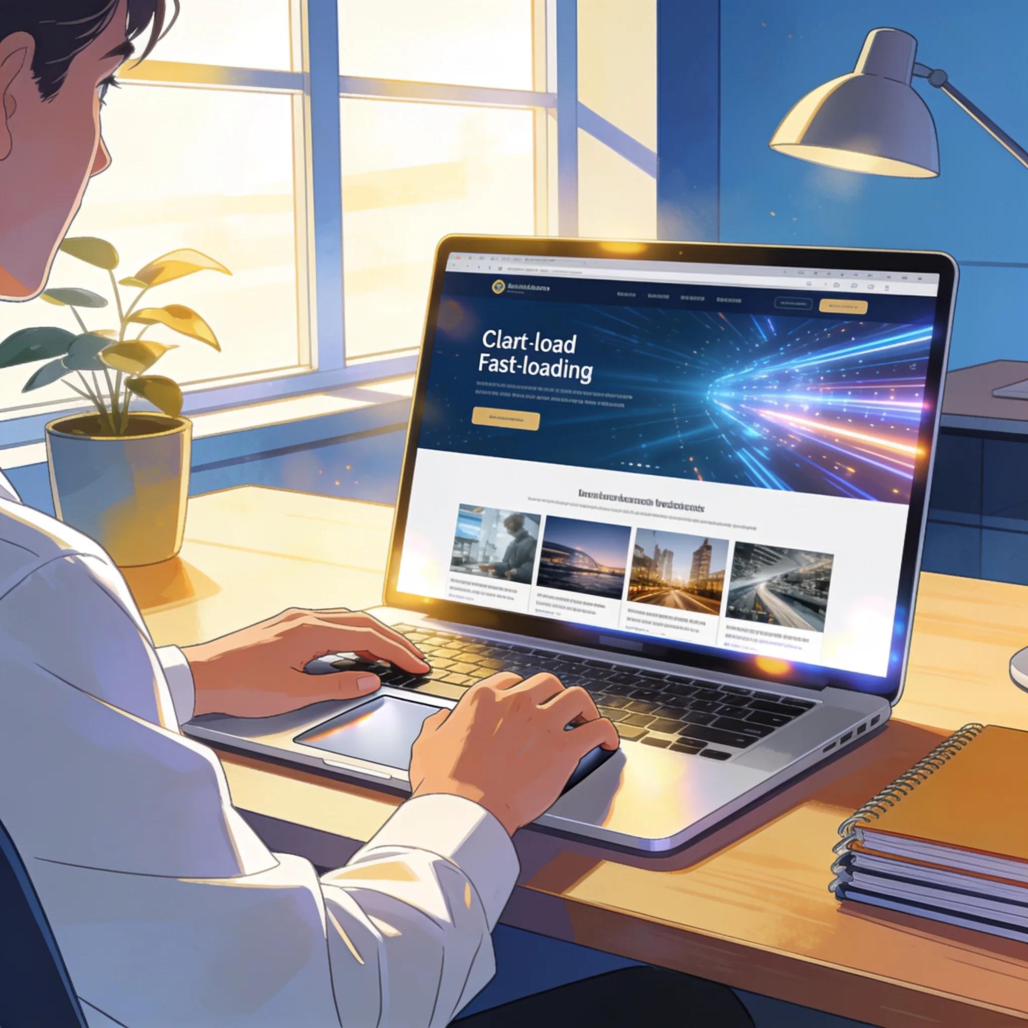 User interacting with a fast-loading website on a laptop, emphasizing website performance optimization