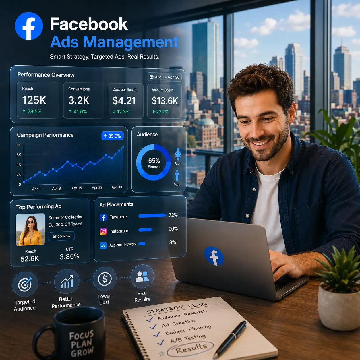 Facebook Ads Management dashboard displaying campaign performance and audience insights for targeted advertising strategy.