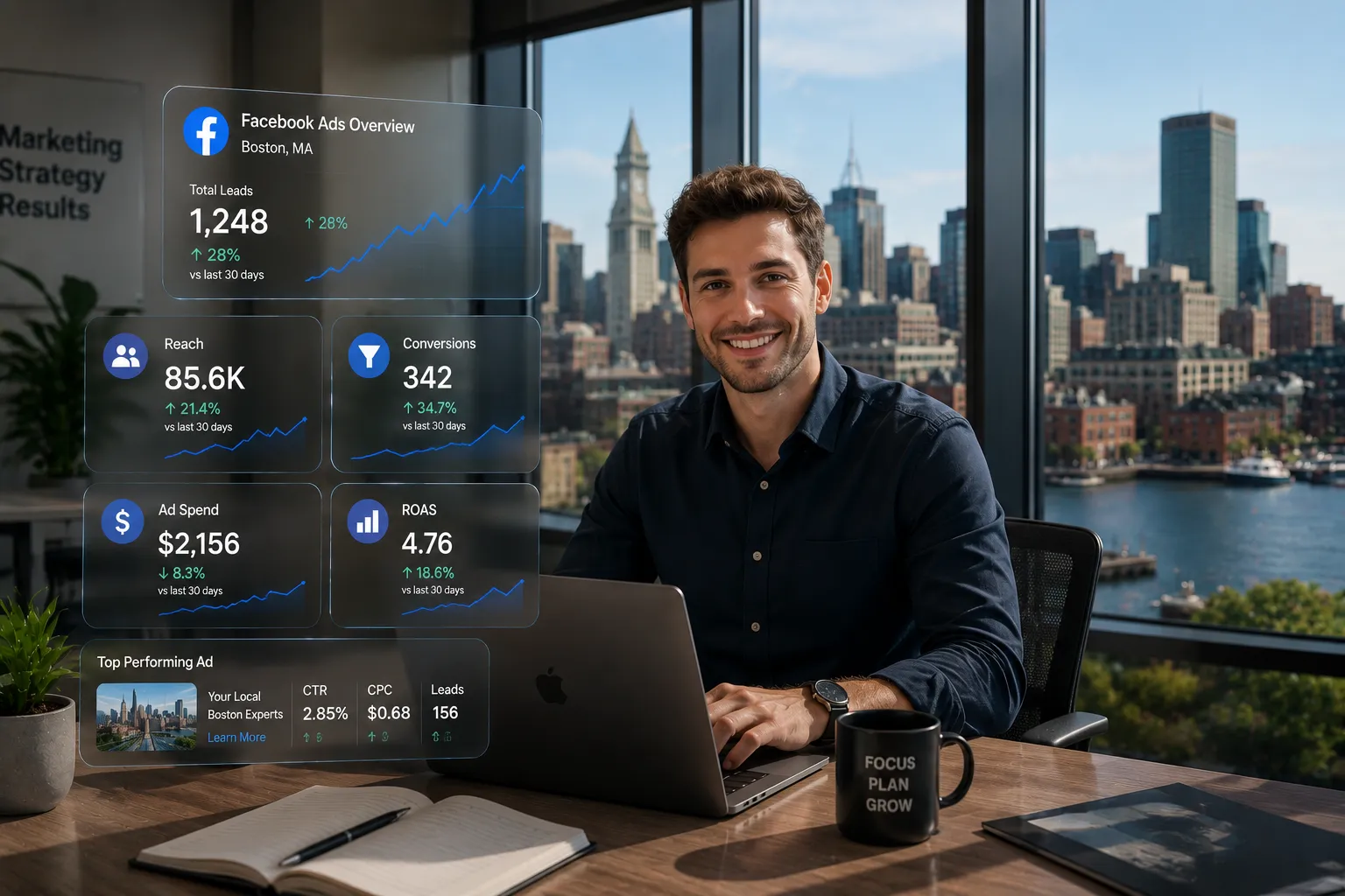 Facebook Ads Overview dashboard in Boston office, showcasing lead generation and ad spend results.