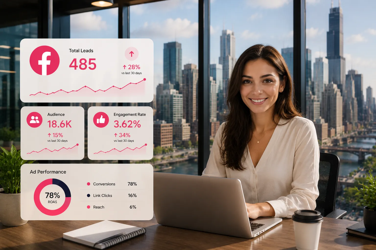 Smiling professional woman working on Facebook marketing campaigns in a modern Chicago office with the city skyline visible through large windows and elegant glass-effect analytics dashboards displaying social media performance metrics.