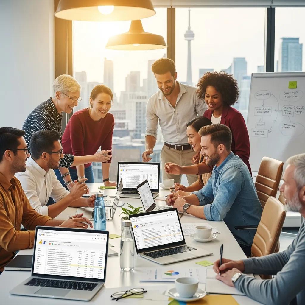 Local business owners collaborating on Google Ads strategies in a Toronto office
